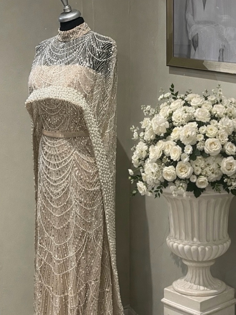 Beaded Cream Cape Evening Gown - Designer Wedding Custom Made Size 6 MSRP 645$